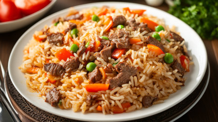 A captivating shot of beef rice being plated, with vibrant vegetables and garnishes artfully arranged around the dish, highlighting the attention to detail in presentation.の素材