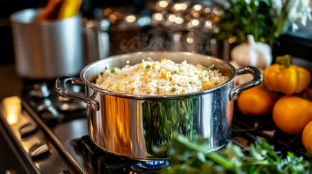 A charming kitchen scene with a pot of hot fried rice on the stove, surrounded by fresh vegetables and spices, conveying the warmth of home cooking.の素材