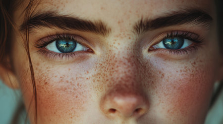 A close-up of a womans face with delicate freckles, her expression calm and serene, highlighting her natural beauty and individuality in a soft light.の素材