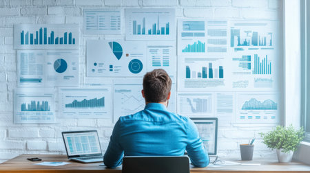 A busy businessman seated at a large desk with financial reports spread in front of him, working intently on a laptop in a bright modern office.の素材
