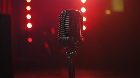 A classic vintage microphone with chrome detailing, positioned on a stage with blurred colorful lights in the background, creating a concert vibe.の素材