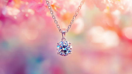 A close-up of a sparkling diamond pendant hanging from a delicate chain, with a blurred background of soft pastel colors, creating an ethereal atmosphere.の素材