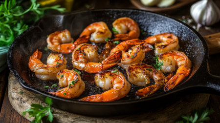 A captivating image of grilled shrimp sizzling in a cast-iron skillet, with fresh garlic and herbs, creating an enticing and aromatic culinary experience.の素材