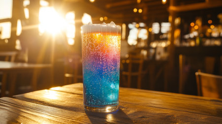 A close-up of a tall glass of colorful soda with vibrant bubbles, placed on a wooden table, with sunlight streaming through a nearby window.の素材
