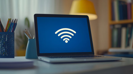 A close-up of a laptop screen displaying a Wi-Fi connection icon, surrounded by notebooks and stationery, creating a modern workspace atmosphere.の素材