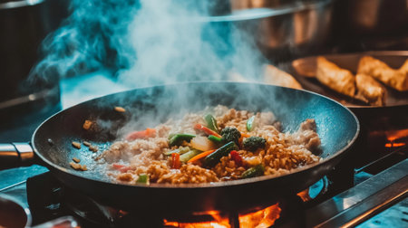 A close-up of fried rice sizzling in a hot pan, with glistening grains and colorful vegetables, emphasizing the freshness and flavor of the dish.の素材