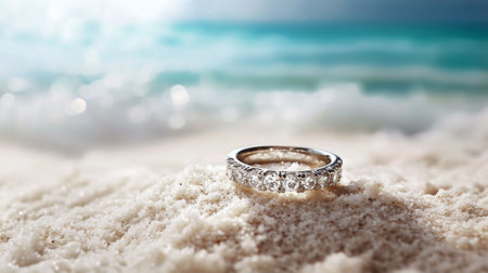 A creative shot of a diamond ring half-buried in sand on a beach, with gentle waves in the background, symbolizing love and the journey of life.の素材