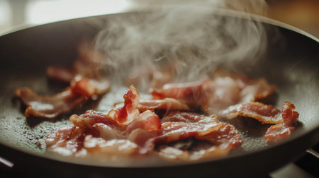 A close-up shot of bacon sizzling in a frying pan, with steam rising and a soft focus on the background, evoking a sense of comfort and warmth.の素材