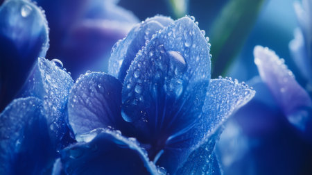 A macro shot of a vibrant blue hydrangea with raindrops on its petals, creating a stunning visual effect that emphasizes the flowers texture and color.の素材