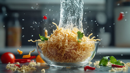 A dynamic shot of boiling water being poured over a bowl of instant noodles, with steam rising and vibrant ingredients ready to be added, capturing the cooking process.の素材