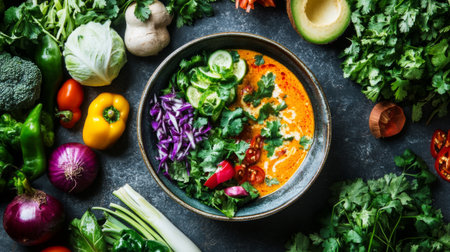 A close-up view of a bowl of khanom jeen with a creamy coconut curry sauce, surrounded by an assortment of fresh vegetables and herbs, highlighting the dishs vibrant colors.の素材