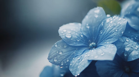 A macro shot of a vibrant blue hydrangea with raindrops on its petals, creating a stunning visual effect that emphasizes the flowers texture and color.の素材