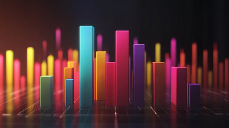 A financial dashboard displaying a D bar graph with colorful rising bars, set against a dark background with subtle lighting effects.の素材