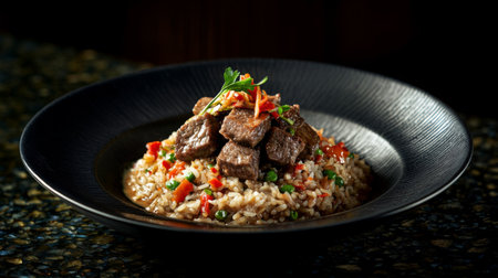 A dynamic image of beef rice with a glossy sauce glistening under soft lighting, showcasing the dish's richness and inviting appearance in an elegant setting.の素材