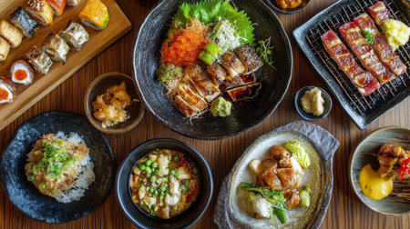 A picturesque view of a traditional Japanese izakaya with various dishes served on wooden tables, creating a warm and inviting dining atmosphere.の素材