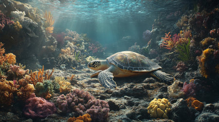 A peaceful image of a sea turtle resting on a rocky seabed, with soft corals and colorful sponges surrounding it, showcasing the beauty of marine habitats.の素材