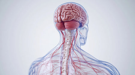 A medical illustration of the human nervous system, highlighting the brain, spinal cord, and nerve pathways in an intricate, detailed design.の素材