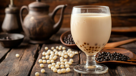 A glass of classic bubble tea with large tapioca pearls, served on a rustic wooden table with a backdrop of tea leaves and brewing utensils, emphasizing its origins.の素材