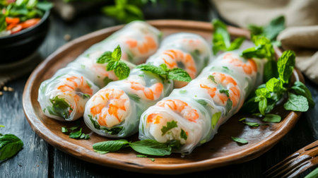 A platter of fresh spring rolls with rice paper wrappers, filled with shrimp, herbs, and vermicelli, served on a rustic wooden surface.の素材