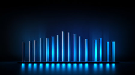 A futuristic D bar chart with illuminated bars in various heights, highlighting business growth data in a digital finance environment.の素材