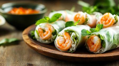A platter of fresh spring rolls with rice paper wrappers, filled with shrimp, herbs, and vermicelli, served on a rustic wooden surface.の素材