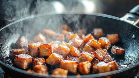 A frying pan filled with diced pork belly sizzling, capturing the rich flavors and textures as the fat renders and the edges crisp up.の素材