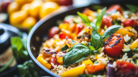 A close-up of fried rice sizzling in a hot pan, with glistening grains and colorful vegetables, emphasizing the freshness and flavor of the dish.の素材