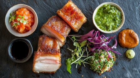A crispy pork belly dish served on a dark slate plate, surrounded by colorful side dishes and dipping sauces for a tempting culinary display.の素材