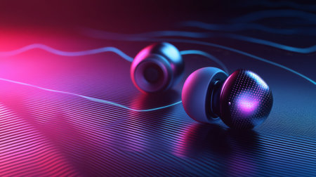 A close-up of wireless earbuds resting on a sleek surface, with sound waves and connectivity symbols in the background, evoking a sense of modern technology.の素材