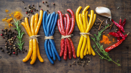 A colorful arrangement of fresh sausages tied in links, placed on a rustic wooden surface with spices and herbs scattered around for a hearty vibe.の素材