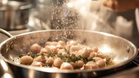 A close-up view of shallots being sauted in olive oil, capturing the sizzling sound and aroma, with herbs sprinkled in for added flavorの素材