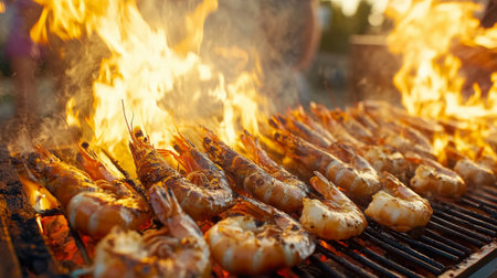 A captivating image of grilled shrimp being cooked on an outdoor grill, with flames licking the shrimp, creating an inviting and appetizing atmosphere.の素材