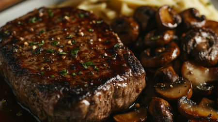 A close-up of a grilled steak with a crispy crust and juicy interior, accompanied by a side of sauted mushrooms, showcasing culinary perfection.の素材