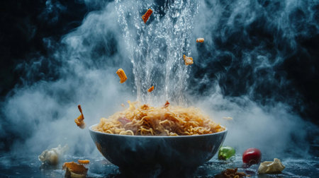 A dynamic shot of boiling water being poured over a bowl of instant noodles, with steam rising and vibrant ingredients ready to be added, capturing the cooking process.の素材