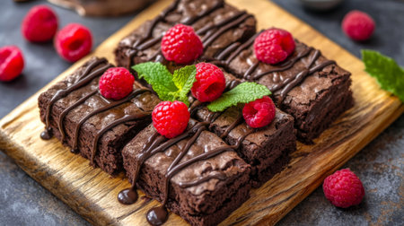 A luxurious chocolate dessert plated with a drizzle of raspberry sauce and garnished with mint leaves, showcasing a refined and indulgent culinary creation.の素材