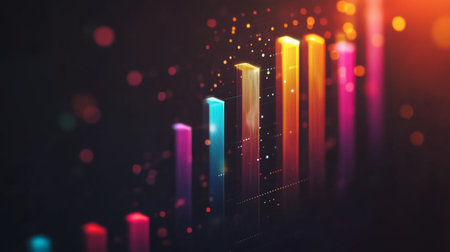 A financial dashboard displaying a D bar graph with colorful rising bars, set against a dark background with subtle lighting effects.の素材