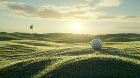 A golf ball rolling towards the hole on a perfectly manicured green, with the flag waving in the breeze under a bright afternoon sun.の素材