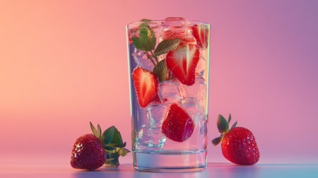 A crystal-clear glass of fizzy soda filled with strawberries and mint, against a soft pastel backdrop for a light, refreshing atmosphere.の素材