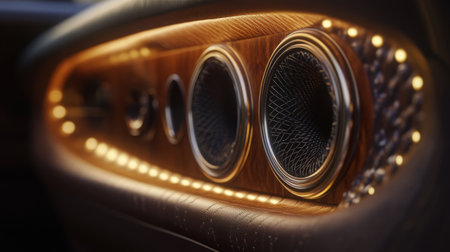 A high-end car speaker system in the door panel of a luxury vehicle, with smooth leather upholstery and glowing ambient lights in the background.の素材