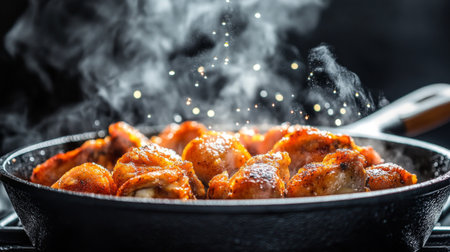 A dynamic scene of freshly fried chicken sizzling in a cast-iron skillet, with droplets of oil and steam rising, showcasing the cooking process.の素材