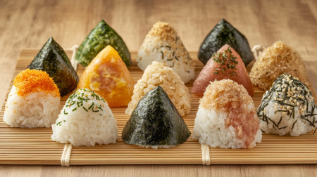A delightful selection of onigiri rice balls with different fillings, beautifully arranged on a bamboo mat, showcasing the colors and textures.の素材
