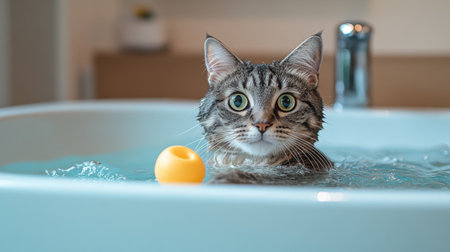 A delightful view of a cat playing with a small rubber toy in a bathtub filled with water, illustrating the fun and joy of bath time adventures.の素材