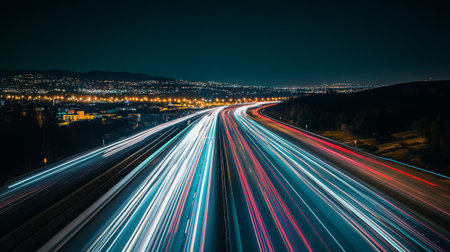 A modern highway illuminated by bright streetlights, stretching into the distance, with the glow of the lights reflecting off the road at night.の素材