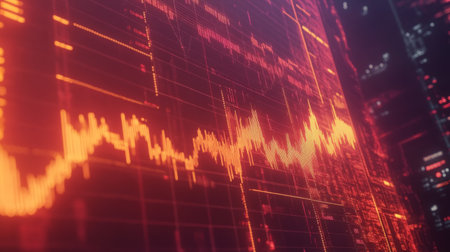 A digital line graph showing financial trends and market analysis, with a glowing gradient background, highlighting key data points.の素材