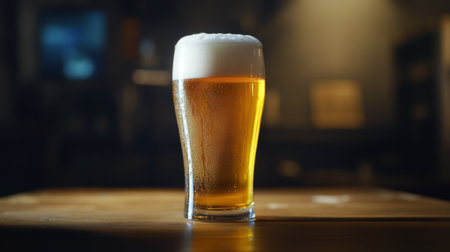 A frosty pint glass filled with golden beer, topped with a thick, creamy head, sitting on a wooden table with soft natural light highlighting the glass.の素材