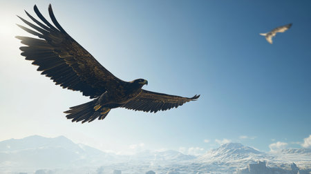 A majestic eagle soaring gracefully against a clear blue sky, with its wings fully extended, showcasing the beauty and power of avian flight.の素材