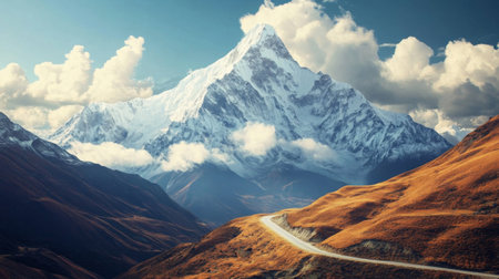 A dramatic image of a mountain road winding through snow-capped peaks, with fluffy clouds hovering above, emphasizing the majestic beauty of the landscape.の素材