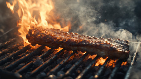 A dynamic shot of pork ribs sizzling on a barbecue grill, with flames licking the meat and smoke rising, showcasing the excitement of grilling outdoors.の素材