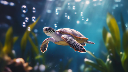 A playful shot of a sea turtle flipping in the water, surrounded by bubbles and marine plants, capturing the joyful essence of underwater life.の素材