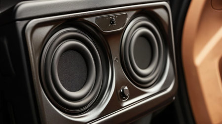 A minimalist car speaker setup in the rear door panel, with clean lines and premium materials, highlighted by soft interior lighting.の素材